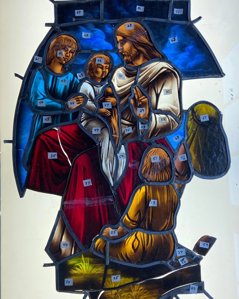 Stained glass religious panel — Jesus with children, work in progress