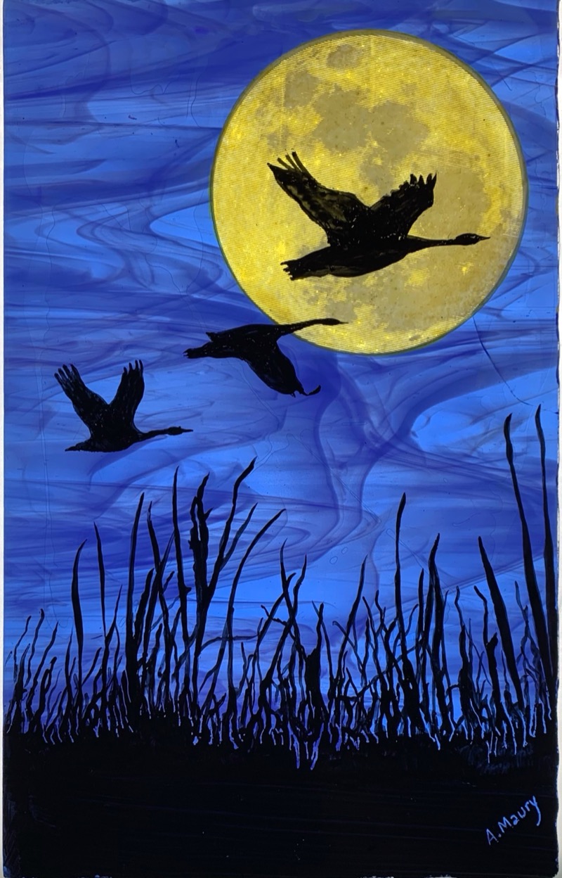 Stained glass painting of birds flying across a full moon over marsh grass